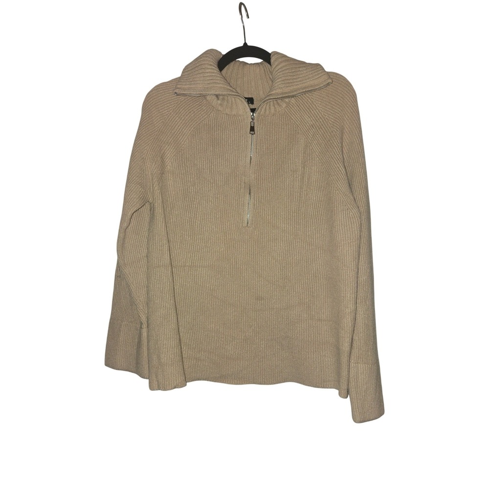 BTFBM Women Tan Beige Ribbed Quarter Zip Pullover Sweater Size Medium